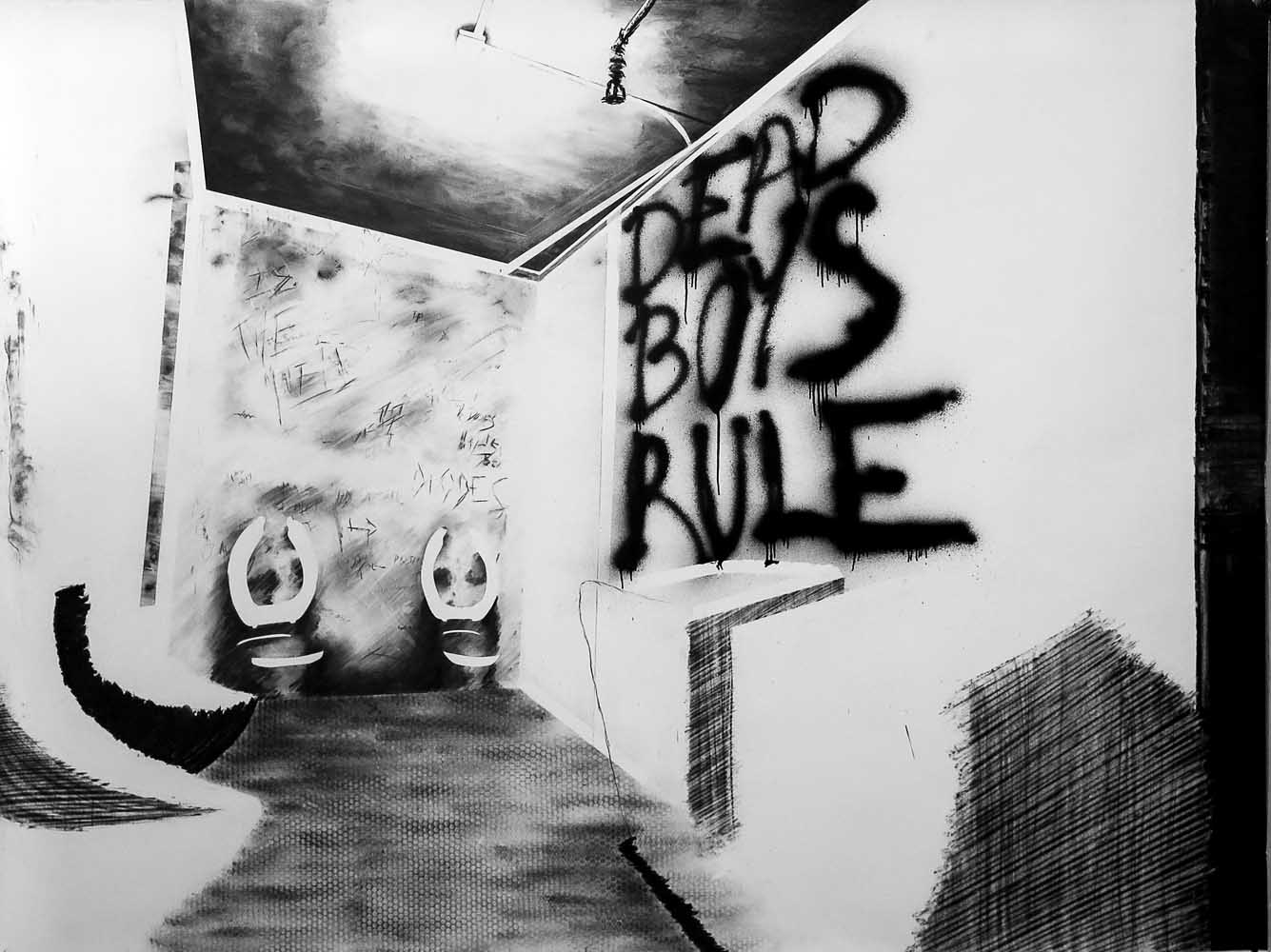 <em>Dead Boys Rules</em>, 2013 <br>fusain et bombe <br>280 x 190 cm