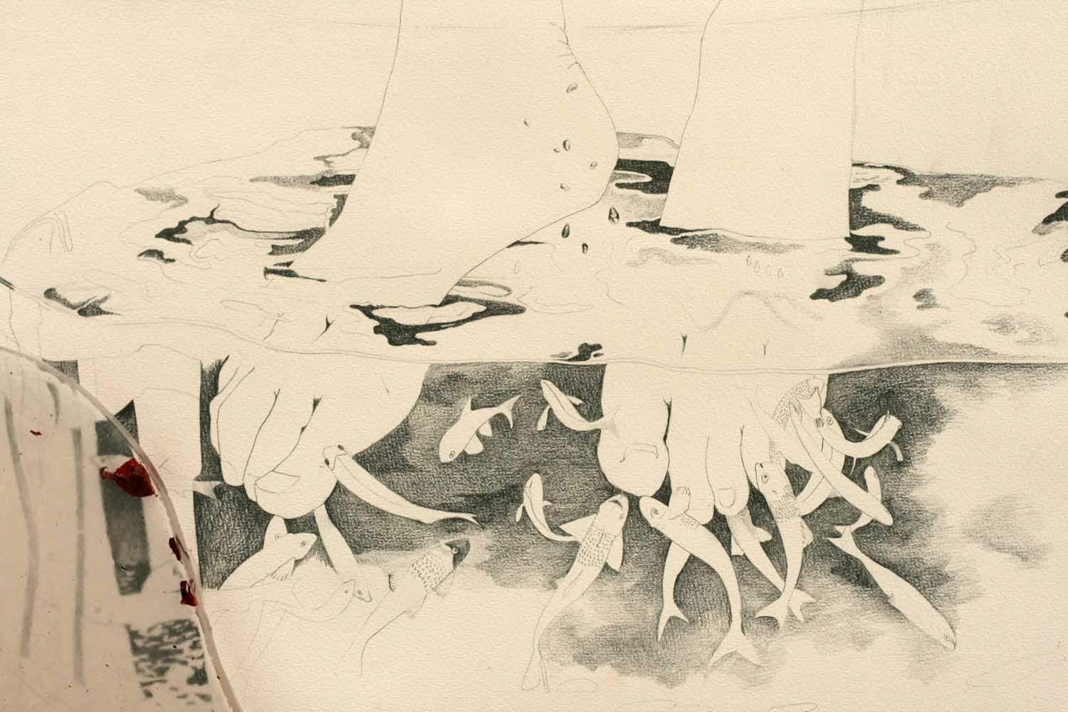 <em>Pédicure poisson</em>, 2013 <br>crayon sur papier, technique mixte <br>30 x40 cm